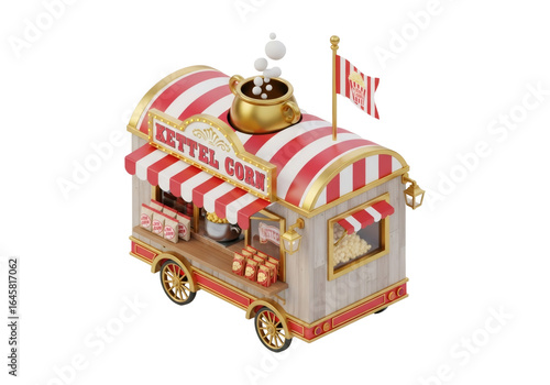 Isometric Kettle Corn Food Cart with Red and White Stripes on Transparent Background Sweet Snack Vendor With Gold Accents Delicious Treat