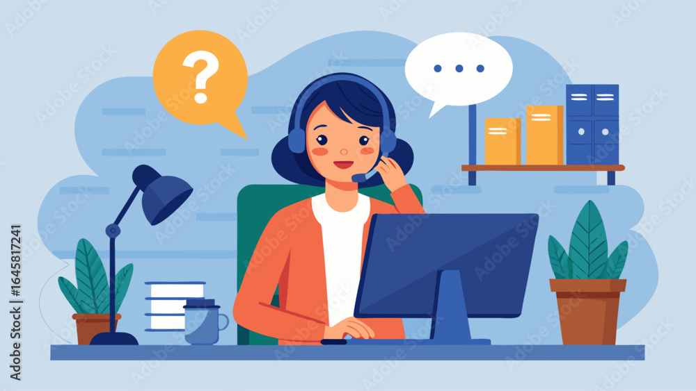 A woman is sitting at a desk with a computer and a potted plant. She is wearing headphones and she is working A woman is sitting at a desk with a computer and a potted plant. She is wearing headphones and she is working
