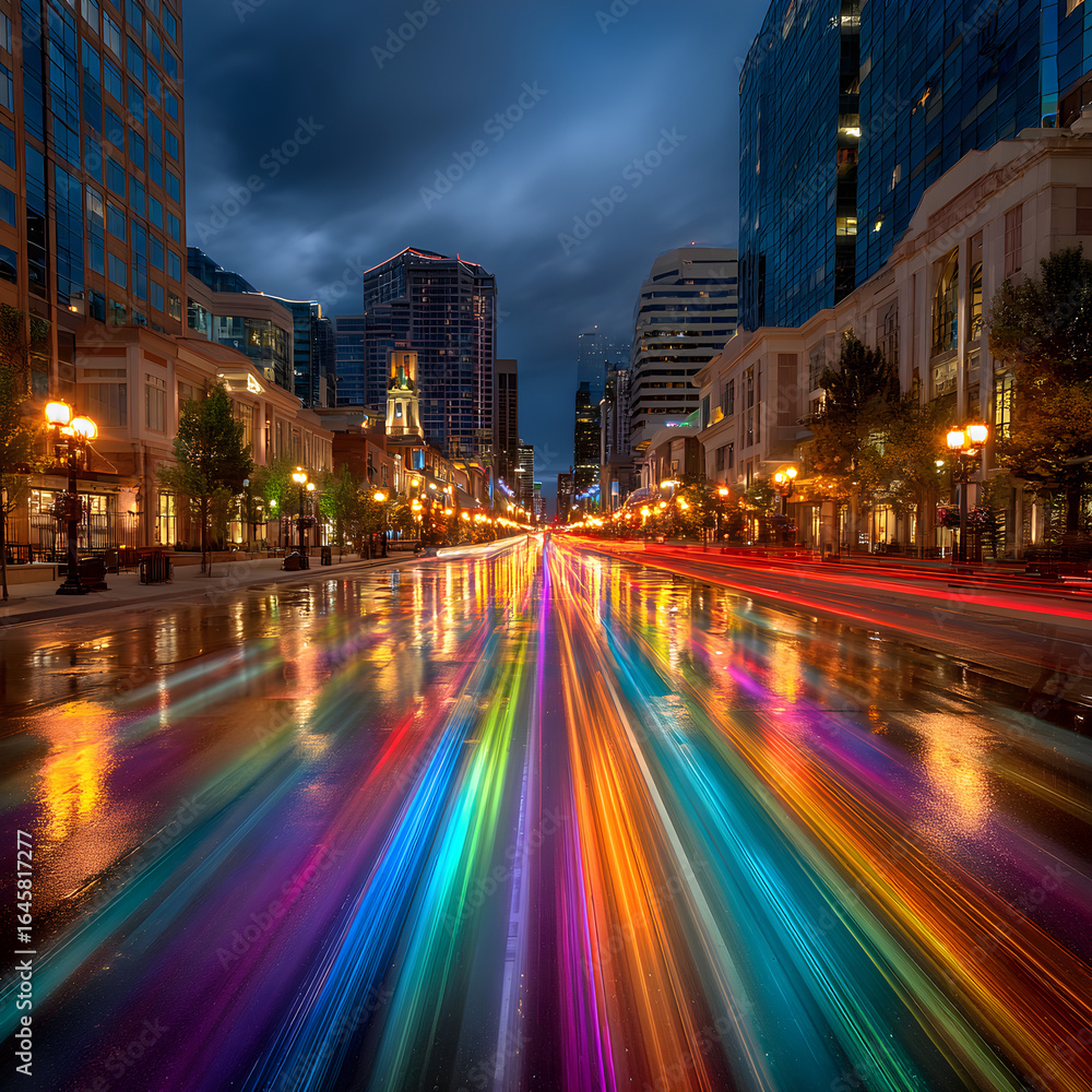 Fototapeta premium Vibrant Cityscape at Night with Colorful Light Beams, cityscape photography, twilight, long exposure, wet streets, reflections