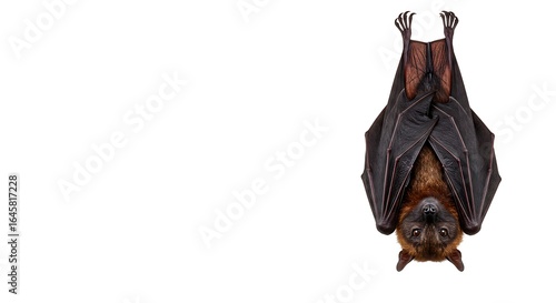 photorealistic vampire bat hanging upside down with wings folded, isolated on white, subject on the right with copy space on the left. ,hyper realistic digital art ,isolated on bright background