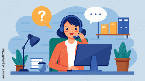 A woman is sitting at a desk with a computer and a potted plant. She is wearing headphones and she is working