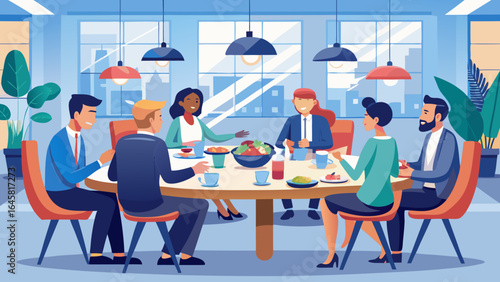 A group of people are sitting around a table in a restaurant. They are eating and drinking, and there are several cups and bowls on the table. The atmosphere is casual and friendly