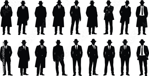 Silhouette set of men in suits and trench coats, business and detective style, isolated vector characters wearing hats on white background