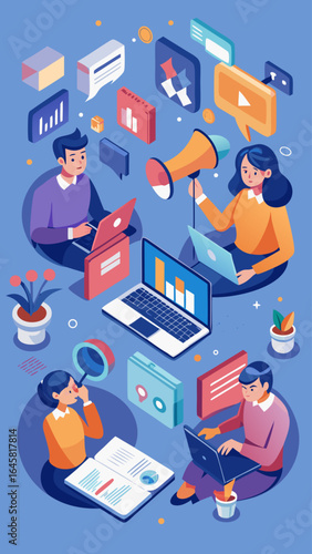A group of people are working on a project together, with one person holding a megaphone. Concept of collaboration and teamwork, as the individuals are all focused on their work