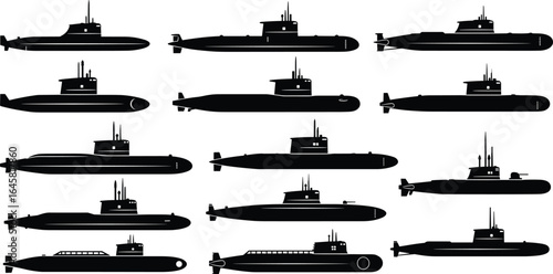 Submarine silhouette vector set, military underwater vessels collection, naval warship icons, black submarine shapes, ocean defense ships, naval marine vessel illustrations