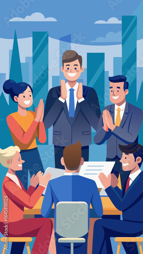 A group of people are gathered around a table, with one man in a suit standing in the middle. The group is smiling and clapping, indicating a positive and friendly atmosphere