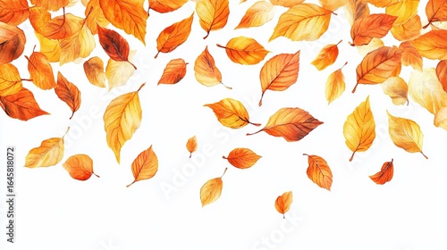 Watercolor illustration of falling autumn leaves in shades of orange and yellow against a white background