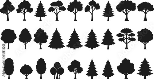 Tree silhouettes collection, nature elements, forest design, botanical illustration, evergreen shapes, graphic resources, foliage icons, vector trees, environment theme