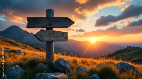 Wooden signpost at sunset in the mountains, indicating a choice of direction
