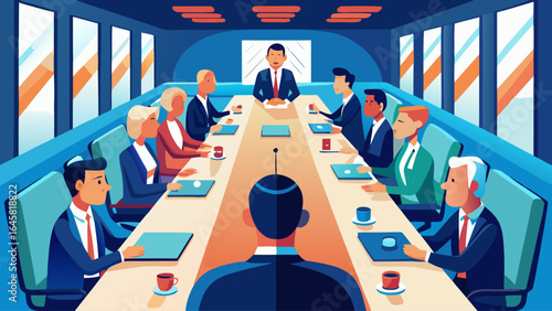 A group of people are sitting around a table in a boardroom. The atmosphere is serious and professional, with everyone dressed in business attire. There are several potted plants on the table