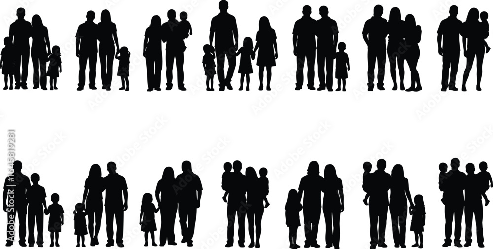 Obraz premium Vector silhouette illustration of diverse family groups with children, parents holding kids, standing together, happy relationships, parenting, unity, and family bonding concept