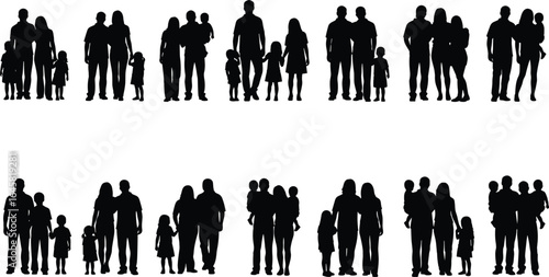 Vector silhouette illustration of diverse family groups with children, parents holding kids, standing together, happy relationships, parenting, unity, and family bonding concept