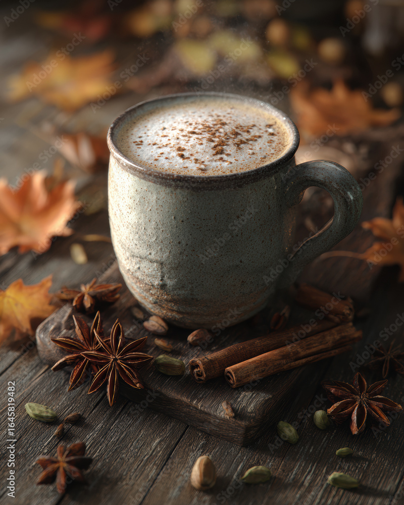 Frothy Chai Latte in Rustic Mug with Autumn Decor Frothy Chai Latte in Rustic Mug with Autumn Decor