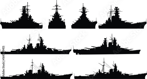 Vector illustration of vintage battleships silhouette collection, military warship black icons, navy fleet design, naval war vessels, historical battleship graphics