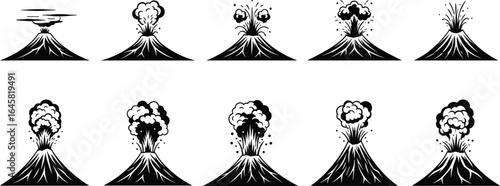 Volcano eruption vector set, volcanic explosion illustrations, mountain smoke plume, lava eruption graphics, nature disaster symbols, black silhouette volcanic shapes, isolated design elements