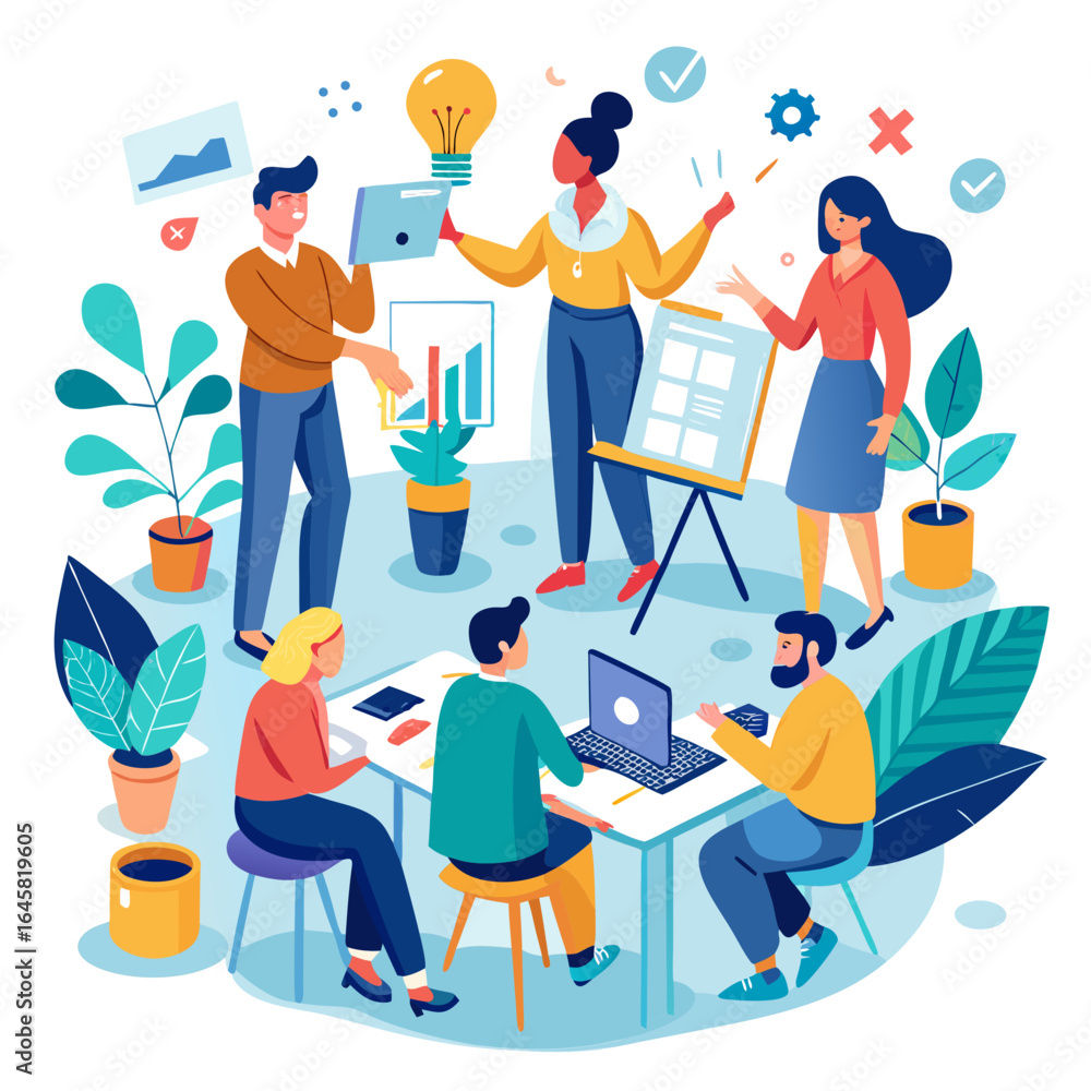 Fototapeta premium A group of people are gathered around a table with a laptop and a projector. They are working together on a project