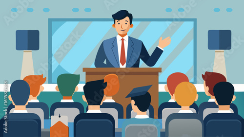 A man is giving a speech in front of a large audience. The man is wearing a suit and tie and is standing at a podium. The audience is seated in rows of chairs, with some of them holding backpacks