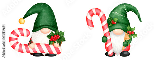 Set Of Festive Gnome with Candy Cane, Transparent PNG