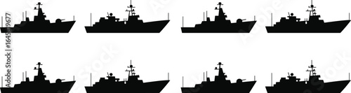 Warship silhouette vector illustration, modern naval battleships side view icons, military marine vessels set, navy combat ships graphic, defense fleet equipment design
