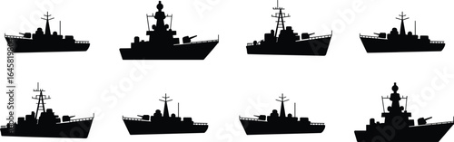 Warship silhouette vector set, modern naval battleships side and front view icons, military marine vessels collection, navy combat ships graphic, defense fleet design