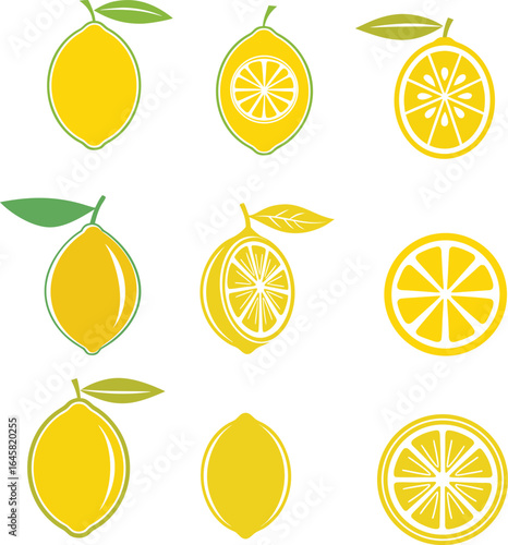 Collection of fresh yellow lemons and lemon slices with green leaves
