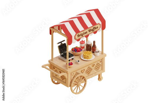 Isometric Waffle Cart Stall with Berries and Syrup in Red and White Stripes with Wooden Frame on Transparent Background