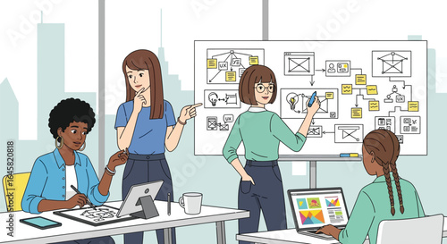 Women collaborating on ux design with whiteboard sketches and digital devices in an office setting