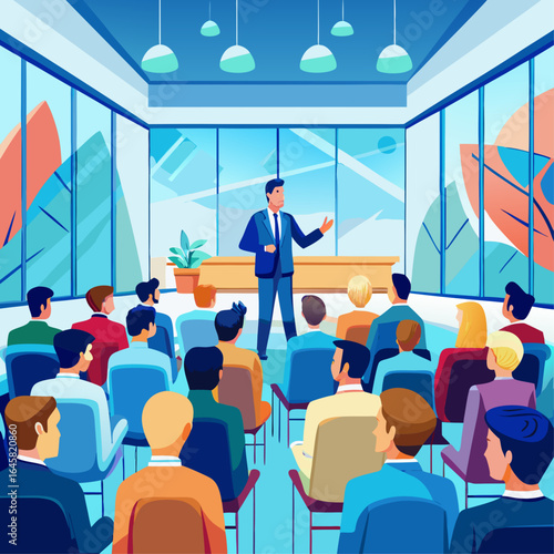 A man is giving a presentation to a large audience. The audience is seated in rows of chairs, and there are potted plants in the room