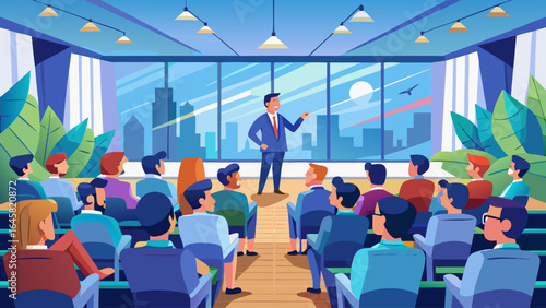 A man is giving a presentation to a large audience. The audience is seated in rows of chairs, and there are potted plants in the room