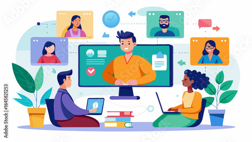 A group of people are sitting around a table with a laptop and a cell phone. They are all looking at the laptop screen