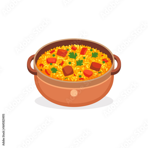 Delicious and Colorful Paella Dish in a Cooking Pot - A Vibrant Culinary Illustration