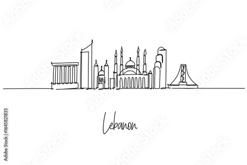 Beirut Lebanon city skyline in a continuous line drawing featuring Mohammad Al Amin Mosque Martyrs Square and towers, a city skyline concept with Lebanon travel theme for posters and minimalist decor