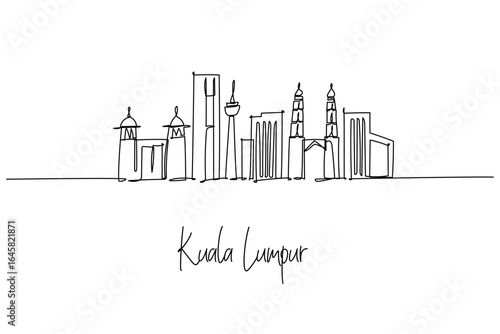 Kuala Lumpur Malaysia city skyline in a single line drawing featuring Petronas Twin Towers KL Tower and Merdeka 118, a modern city skyline concept themed for Malaysia travel art and minimalist decor.