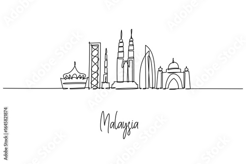 Malaysia city skyline of Kuala Lumpur in a continuous line drawing with Petronas Twin Towers KL Tower Merdeka 118 and Putra Mosque, a city skyline concept for posters and modern minimalist decor.