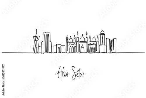 Картината върху платно Alor Setar Malaysia city skyline in a single line drawing featuring Menara Alor Setar and Zahir Mosque, a city skyline concept with Kedah heritage theme for travel art, minimalist posters and decor