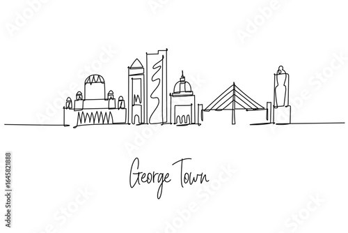 George Town Malaysia city skyline in a one line drawing featuring KOMTAR Tower Penang Bridge and Kapitan Keling Mosque, a city skyline concept themed for Penang travel posters and minimalist decor.