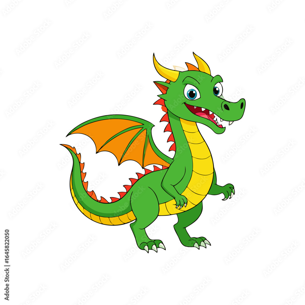 Vibrant green cartoon dragon illustration with orange wings and yellow details, a friendly mythical creature perfect for children's themes and fantasy designs. Vibrant green cartoon dragon illustration with orange wings and yellow details, a friendly mythical creature perfect for children's themes and fantasy designs.