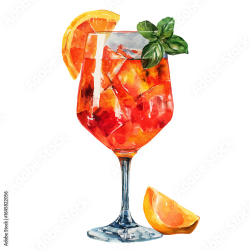 Aperol Spritz, watercolor painting, vector illustration, isolated on a white background.