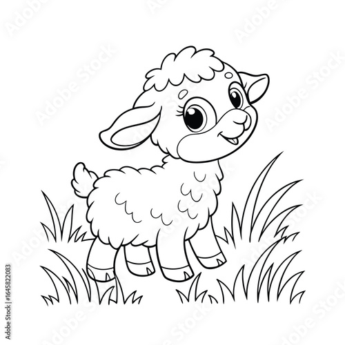 Cute cartoon baby lamb standing in grass, black and white line drawing illustration for coloring