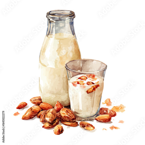 A watercolor painting of Almond Milk, vector illustration on white background.