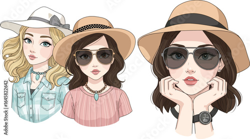 Three cartoon women wearing hats and sunglasses posing together on a white background illustration