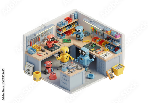 Fototapeta Naklejka Na Ścianę i Meble -  Robots Repairing Machines in Isometric Workshop with Tools and Pixel Art Style Blue Red Yellow Scheme on Transparent Background