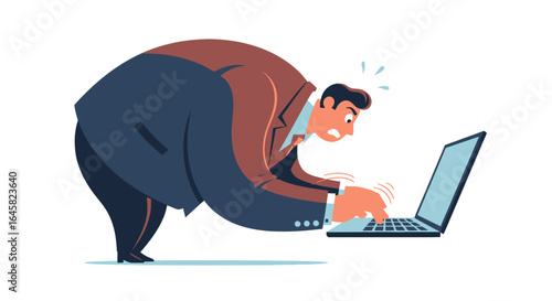Stressed cartoon businessman in a suit, hunched over and frantically typing on a laptop computer.