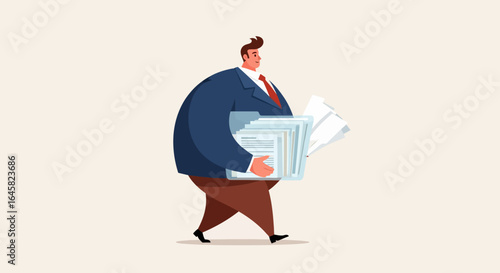 Stylized businessman in a blue suit walking confidently while carrying a large stack of documents.