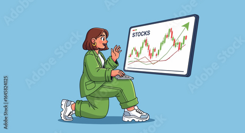 Young female investor in a green suit and sneakers happily analyzing a rising stock market chart on a screen.
