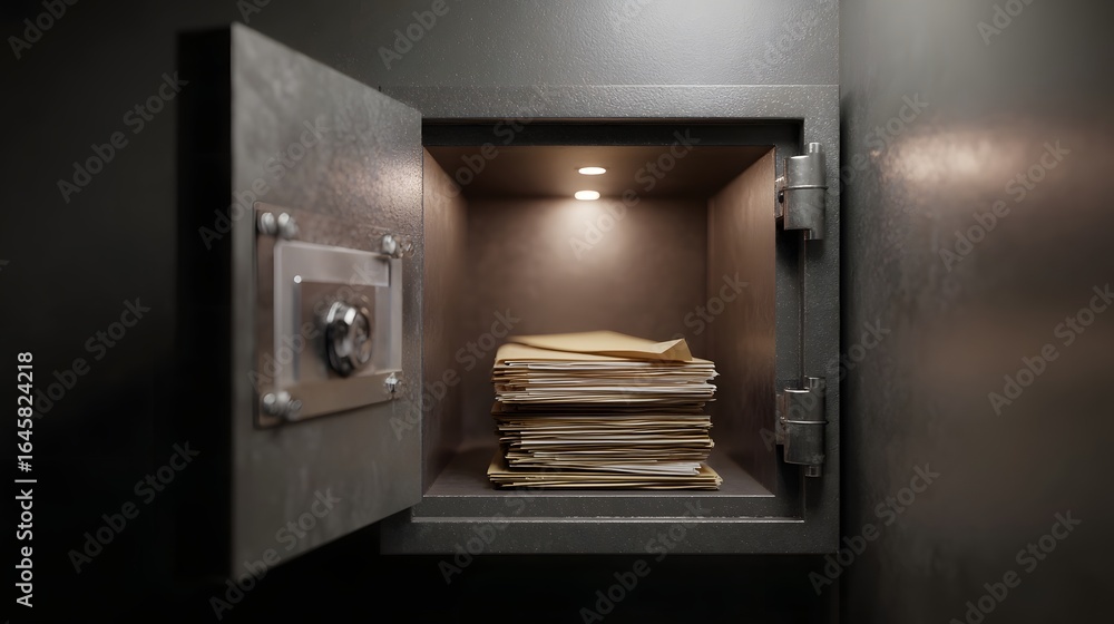 Fototapeta premium Secure safe box containing financial documents and records