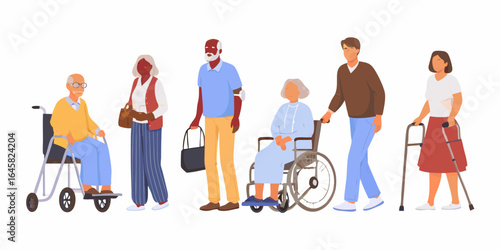 Diverse group of elderly people and caregivers with mobility aids