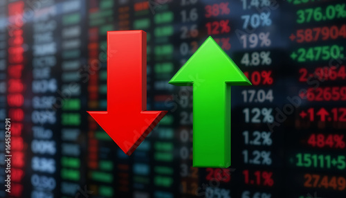 Red down arrow and green up arrow with stock market data