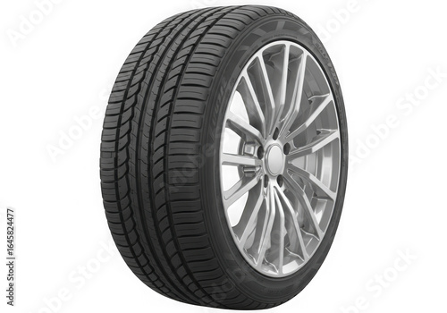 Black car tire with silver rim isolated on transparent background