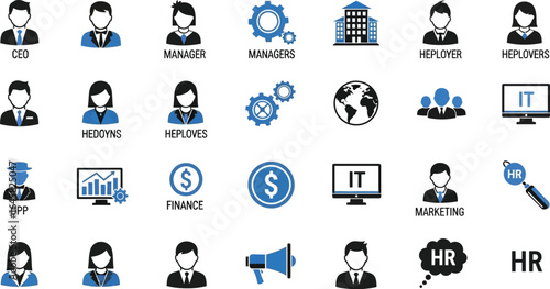 Illustration of various business related icons including ceo manager it finance and human resources